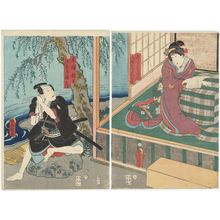 日本版画 "Actors Nakamura Daikichi III as Koshimoto Fusano, later Tokubei's Wife (Tsuma) Ofusa (R), and Kataoka Gadô II as Kiura Shingo, later Hanaya Tokubei (R)" 由 Utagawa Kunisada, 歌川国貞 (Utagawa Kunisada I (Toyokuni III)) 创作