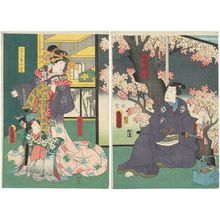 Utagawa Kunisada: Actors Bandô Takesaburô I as Shirai Gonpachi (R), Bandô Kichiya as the Kamuro Yukari, and Ichikawa Dannosuke V as Miuraya Komurasaki (L) - Museum of Fine Arts