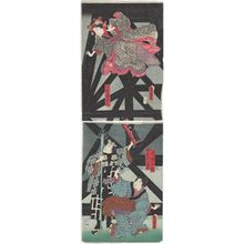 Utagawa Kunisada: Actors Ichikawa Kodanji IV as Yaoya Oshichi (T), Onoe Kikugorô IV as the Servant (Gejo) Osugi, and Kawarazaki Gonjûrô I as Dozaemon Denkichi (B) - Museum of Fine Arts