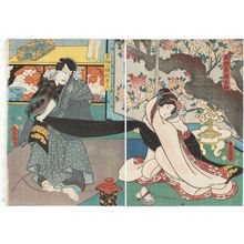 歌川国貞: Actors Iwai Kumesaburô III as Chigiriya's Daughter (Musume) Oume (R) and Ichikawa Kodanji IV as Tengu Kozô Matsuwaka no Roku (L) - ボストン美術館