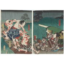 Utagawa Kunisada: Actors Onoe Kikujirô II as Geisha Osame (R), Nakamura Kantarô I as Geisha Kahei, Nakamura Fukusuke I as Kamiyui Hakata Shinshichi, Nakamura Kôzô I as Wakaimono Chûshichi (L) - Museum of Fine Arts
