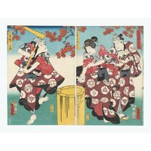 日本版画 "Actors Ichikawa Komazô VII as Sangorô's brother Sankichi, Onoe Baikô IV as Sangorô's wife Ohana (R), Ichikawa Danjûrô VIII as Koganemochiya Sangorô (L)" 由 Utagawa Kunisada, 歌川国貞 (Utagawa Kunisada I (Toyokuni III)) 创作