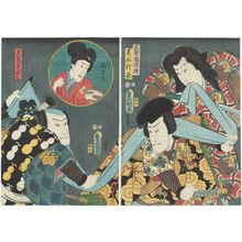 Utagawa Kunisada: Actors Onoe Kikugorô IV as Mitsuhide's Daughter (Musume) Kikyô, Seki Sanjûrô III as Onishi Yukinaga (R), Nakamura Fukusuke I as Sutewakamaru (in inset), and Bandô Hikosaburô IV as Mashiba Hisayoshi (L) - Museum of Fine Arts