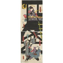 Utagawa Kunisada: Actors Bandô Shûka I as Yaoya Oshichi (T), Ichikawa Kuzô II as Goshaku Somegorô, Ichikawa Danjûrô VIII as Dozaemon Denkichi (B) - Museum of Fine Arts