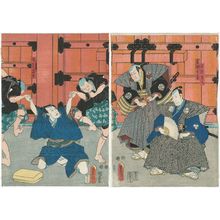 Utagawa Kunisada: Actors Morita Kan'ya XI as Ôsawa Hayato, Nakayama Ichizô I as Iwabuchi Genba (R), Ichikawa Kodanji IV as Asakura Tôgo (L) - Museum of Fine Arts