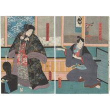 Utagawa Kunisada: Actors Ichikawa Danjûrô VIII as Natsume Shirosaburô (R), Bandô Shûka I as Kasamatsutôge, the Female Thief Kijin Omatsu (L) - Museum of Fine Arts