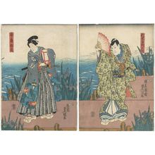 日本版画 "Actors Ichikawa Kuzô II as Nikki Tamonnokami (R), Iwai Kumesaburô III as In'nanmi Kazuma (C), and Nakamura Utaemon IV as Yakko Sodesuke (L)" 由 Utagawa Kunisada, 歌川国貞 (Utagawa Kunisada I (Toyokuni III)) 创作