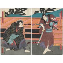 Japanese Print "Actors Ichikawa Danjûrô VIII as Natsume Shirosaburô (R), Bandô Shûka I as Geiko Bijin Omatsu, actually Kasamatsutôge, the Female thief Jiraiya (L)" by Utagawa Kunisada, 歌川国貞 (Utagawa Kunisada I (Toyokuni III))