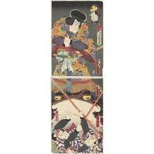 Utagawa Kunisada: Actors Onoe Tamizô II, Ichikawa Ichizô III as Tenjiku Tokubei, actually Yoshinaka's son Dainichimaru (T), Arashi Kangorô I as Torite Kango, Nakamura Kantarô I as Torite Kanta (B) - Museum of Fine Arts