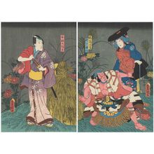 日本版画 "Actors Arashi Rikan III as both Fox (Kitsune) Kuzunoha and Yakanbei (R), and Ichikawa Danjûrô VIII as Abe no Yasuna (L)" 由 Utagawa Kunisada, 歌川国貞 (Utagawa Kunisada I (Toyokuni III)) 创作