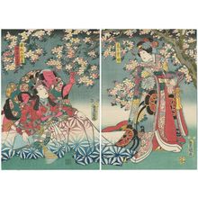 Utagawa Kunisada: Actors Arashi Rikan III as Kuzunoha-hime (R), Ichikawa Danjûrô VIII as Abe no Yasuna, and Arashi Rikan III as the Servant (Yakko) Yokanbei (L) - Museum of Fine Arts