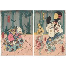 歌川国貞: Actors Nakamura Tsuruzô I as a Daimyô, Ichimura Uzaemon XIII as a Monkey (Saru) (R), and Bandô Takesaburô I as a Monkey Trainer (Saruhiki) (L) - ボストン美術館