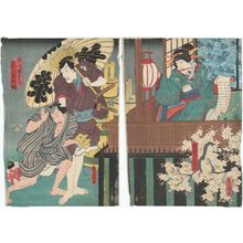 Utagawa Kunisada: Actors Onoe Baikô IV as Sakuraya no Koman (R), Ichikawa Danjûrô VIII as Katsuma Gengobei, Nakamura Kôzô I as Mawashikata Kurô (L) - Museum of Fine Arts