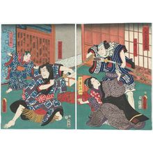 Utagawa Kunisada: Actors Bandô Hikosaburô IV as Yamabayashi Fusahachi, Onoe Baikô IV as Wife (Nyôbô) Onui (R), Arashi Kichisaburô III as Inuta Kobungo Yasuyori, and Sawamura Yoshijirô I as Inue Shinbei Masashi (L) - Museum of Fine Arts