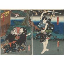 日本版画 "Actors Arashi Kichisaburô III as Jinriki Tamigorô (R) and Onoe Kikujirô II as Yamada Saburô's Wife (Tsuma) Owasa (L)" 由 Utagawa Kunisada, 歌川国貞 (Utagawa Kunisada I (Toyokuni III)) 创作