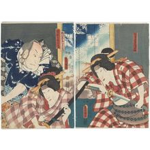Utagawa Kunisada: Actors Bandô Shûka I as the Edo Geisha Danshichijima Okaji (R), Onoe Kikujirô II as the Osaka Geisha (Naniwa Geiko) Issun no Otoku, and Sawamura Chôjûrô V as Tsuribune no Tôbei (L) - Museum of Fine Arts