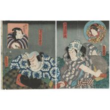 日本版画 "Actors Iwai Kumesaburô III as Ohan (inset), Kataoka Gadô II as Akogino Heiji (R), Seki Sanjûrô III as Hiragawara Jirozô, and Kataoka Gadô II as Katsuragawa Chôemon (inset) (L)" 由 Utagawa Kunisada, 歌川国貞 (Utagawa Kunisada I (Toyokuni III)) 创作