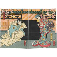 日本版画 "Actors Onoe Kikugorô IV as Shizuka Gozen (R) and Ichikawa Kodanji IV as Fox (Kitsune) Tadanobu (L)" 由 Utagawa Kunisada, 歌川国貞 (Utagawa Kunisada I (Toyokuni III)) 创作