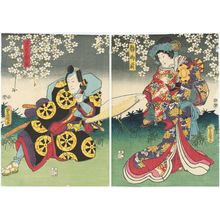 日本版画 "Actors Onoe Kikugorô IV as Shizuka Gozen (R) and Ichikawa Kodanji IV as Fox Genkurô (Genkurô-gitsune) (L)" 由 Utagawa Kunisada, 歌川国貞 (Utagawa Kunisada I (Toyokuni III)) 创作