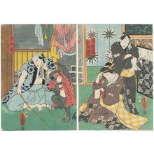 日本版画 "Actors Sawamura Tosshô II as Denbei, Iwai Kumesaburô III as Oshun (R), and Kataoka Gadô II as Yojirô (L)" 由 Utagawa Kunisada, 歌川国貞 (Utagawa Kunisada I (Toyokuni III)) 创作