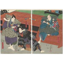 Utagawa Kunisada: Actors Ichikawa Kuzô II as Hayami Ichigaku (R), Bandô Shûka I as Kasamatsutôge Female Thief Omatsu, Arashi Kichisaburô III as Natsume Shirosaburô (L) - Museum of Fine Arts