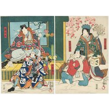 歌川国貞: Actors Bandô Shûka I as Naishi, actually Chiedagitsune, Ichikawa Kuzô II Gorômata, actually Tsukamotogitsune (R), Arashi Kichisaburô III as Yamakaze Kanroku, and Ichikawa Komazô VII as Kusunoki Masanori (L) - ボストン美術館