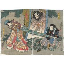 Utagawa Kunisada: Actors Matsumoto Kinshô I as Haradamaru Naotoshi, Matsumoto Kôshirô V as a Painting (R), and Iwai Kumesaburô III as Shiranui-hime (L) - Museum of Fine Arts