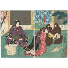 Utagawa Kunisada: Actors Bandô Mitsugorô IV as Shiradayû, Fujikawa Kayû III as Yae (R), and Ichimura Uzaemon XII as Sakuramaru (L) - Museum of Fine Arts