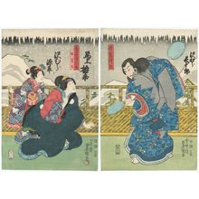 Utagawa Kunisada: Actors Sawamura Chôjûrô V as Shunkan Sôzu (R), Onoe Baikô IV as Kameô's Wife (Nyôbô) Oyasu, and Sawamura Yoshijirô I as Tokujumaru (L) - Museum of Fine Arts