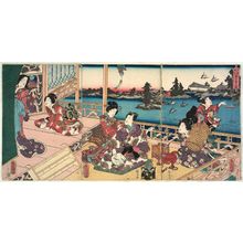 Utagawa Kunisada: Eastern Genji Performing the Ritual of Freeing Living Things (Azuma Genji hôjô-e no zu) - Museum of Fine Arts