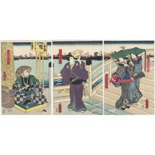 Utagawa Kunisada: Actors Nakamura Tsuruzô I as Onnadayû Otora, Onoe Kikujirô II as Onnadayû Okoyo (R), Onoe Kikugorô IV as Akogi Genzaburô (C), and Bandô Hikosaburô IV as Setta Naoshi Chôgorô (L) - Museum of Fine Arts