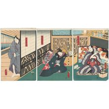Utagawa Kunisada: Actors Arashi Kichisaburô III as the Master (Teishu) of Sagamiya (R), Nakamura Daikichi III as Tokubei's Wife (Nyôbô) Ofusa (C), and Kataoka Gadô II as Hanaya Tokubei (L) - Museum of Fine Arts