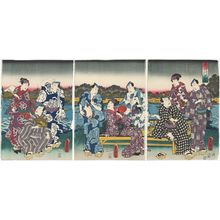 歌川国貞: Evening Scene on the Sumida River (Sumidagawa yûkei): Actors Bandô Takesaburô I, Ichikawa Dannosuke V?, Arashi Rikan III (R); Arashi Kichisaburô III, Iwai Kumesaburô III, Kataoka Gadô II (C); Ichikawa Kodanji IV, Nakamura Fukusuke I, Onoe Kikujirô II (L) - ボストン美術館