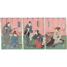 Utagawa Kunisada: Actors Iwai Kumesaburô III as Aburaya Okon (R), Nakayama Ichizô I as Nakai Manno, Kataoka Gadô II as Fukuoka Mitsugi [or Mitsugu?] (C) Ôtani Tokuji II as Aburaya Oshika, Nakamura Shibajaku I as Ryôrinin Kisuke (L) - Museum of Fine Arts