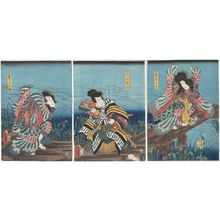 Utagawa Kunisada: Actors Bandô Takesaburô I as the Spirit of a Mandarin Duck (Oshidori no sei) (R), Bandô Hikosaburô IV as Kanja Yoshitaka (C), and Nakamura Fukusuke I as the Spirit of a Mandarin Duck (Oshidori no sei) (L) - Museum of Fine Arts