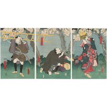 Japanese Print "Actors Onoe Kikugorô II as Shizunome Okiku (R), Nakamura Tsuruzô I as Kitahachi (C), and Bandô Hikosaburô IV as Yajirobei (L)" by Utagawa Kunisada, 歌川国貞 (Utagawa Kunisada I (Toyokuni III))