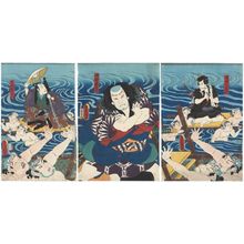 Utagawa Kunisada: Actors Arashi Kichisaburô III as Akabori Mizuemon, Matsumoto Kunigorô?, Arashi Kangorô I (R), Arashi Rikan III as Nakano Tôbei (C), Kataoka Gadô II as Miki Jûzaemon, Naritaya Sôbei II ?, Ôtani Tokuji II (L) - Museum of Fine Arts