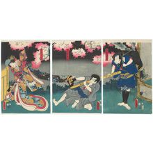 Utagawa Kunisada: Actors Nakamura Shibajaku I as Shimobe Yodohei (R), Kataoka Gadô II as Seigen Dôshin (C), and Iwai Kumesaburô III as Sakura-hime (L) - Museum of Fine Arts