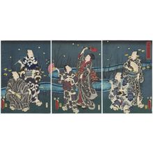 Utagawa Kunisada: Imaginary Scene of Actors Catching Fireflies: Jewels Shining in the Dark (Mitate hotarugari yakô no tamazoroi): Kataoka Gadô II, Ichikawa Kodanji IV (R); Iwai Kumesaburô III, Ichimura Uzaemon XIII (C); Nakamura Fukusuke I, Bandô Takesaburô I (L) - Museum of Fine Arts
