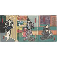 Utagawa Kunisada: Actors Kataoka Gadô II as Hanaya Tokubei (R), Nakamura Daikichi III as Tokubei's Wife (Nyôbô) Ofusa (C), and Ôtani Tomoemon IV as Wakai mono Goroku (L) - Museum of Fine Arts