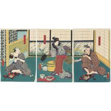 Utagawa Kunisada: Actors Bandô Hikosaburô IV as Tochimen'ya Yajirobei (R), Nakamura Kamenojô I as Tarafukuya's Daughter (Musume) Okame (C), and Nakamura Tsuruzô I as Kitari Kitahachi (L) - Museum of Fine Arts