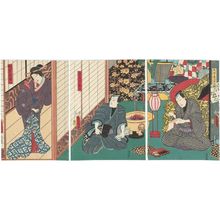 Utagawa Kunisada: Actors Kataoka Gadô II as Goiya Kyônosuke (R), Ichikawa Kuzô III as Tobi-no-mono Danjûrôkichi (C), and Iwai Kumesaburô III as Matubaya Segawa (L) - Museum of Fine Arts