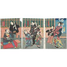 Japanese Print "Actors Onoe Kikugorô IV as Ômiya Kofuji, Seki Hanasuke IV as Maizuruya Denzô (R), Ichimura Takematsu III as Kamuro Midori, Kawarazaki Gonjûrô I as Ebizako no Jû, Ichimura Uzaemon XIII as Kinchô's Son (Segare) Kinko (C), ..." by Utagawa Kunisada, 歌川国貞 (Utagawa Kunisada I (Toyokuni III))