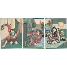 Utagawa Kunisada: Actors Kataoka Gadô II as Katsuragawa Chôemon (R), Iwai Kumesaburô III as Okinu's Little Sister (Imôto) Ohan (C), and Nakamura Tsuruzô I as Hari no Sôbei (L) - Museum of Fine Arts