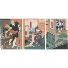 Utagawa Kunisada: Actors Seki Sanjûrô III as Sasa no Sangobei (R), Iwai Kumesaburô III as Geisha Koman (C), and Kataoka Gadô II as Satsuma Gengobei (L) - Museum of Fine Arts