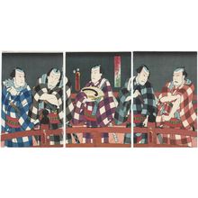 Utagawa Kunisada: Modern Versions of Benkei on Gojô Bridge (Gojô no hashi mitate Benkei): Actors Ichikawa Kodanji IV, Arashi Kichisaburô III (R), Nakamura Fukusuke I (C), Arashi Rikan III, and Ichikawa Danzô VI (L) - Museum of Fine Arts