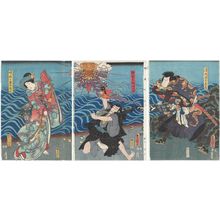 Utagawa Kunisada: Actors Kataoka Gadô II as Shimizu Kanja Yoshitaka (R), Nakamura Tsuruzô I as the Ascetic Priest Tochibô (Shugenja Tochibô Hôin) (C), and Iwai Kumesaburô III as Tokimasa's Daughter (Sokujo) Tatsuhime (L) - Museum of Fine Arts