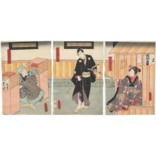 Utagawa Kunisada: Actors Onoe Kikugorô IV as Sôbei's Daughter (Musume) Ohana (R), Kawarazaki Gonjûrô I as Shigenoya Hannojô (C), and Ichikawa Kodanji IV as Noodle Seller (Sobauri) Sôbei (L) - Museum of Fine Arts