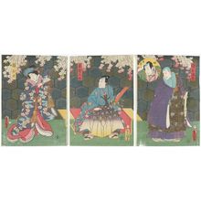 Utagawa Kunisada: Actors Ichikawa Kodanji IV as Kiyomizu Seigen, Ichikawa Yonejûrô II as Yakko Yodohei (inset) (R), Kawarazaki Gonjûrô I as Tonoinosuke (C), and Onoe Kikugorô IV as Sakura-hime (L) - Museum of Fine Arts