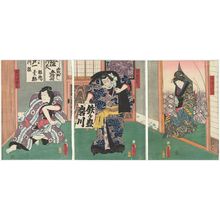Utagawa Kunisada: Actors Nakamura Kamenojô I as the Wife (Nyôbô) Otowa (R), Ichikawa Ebizô V as Tetsugatake Dazaemon (C), and Onoe Kikugorô IV as Iwagawa Jirokichi (L) - Museum of Fine Arts